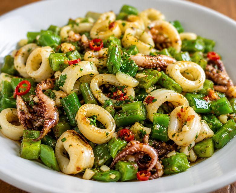Calamari sotați cu ardei gras și usturoi